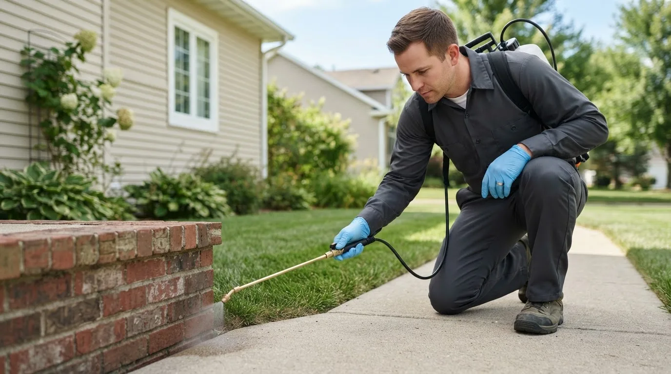 Pest control technician treating a home near Tioga, WV